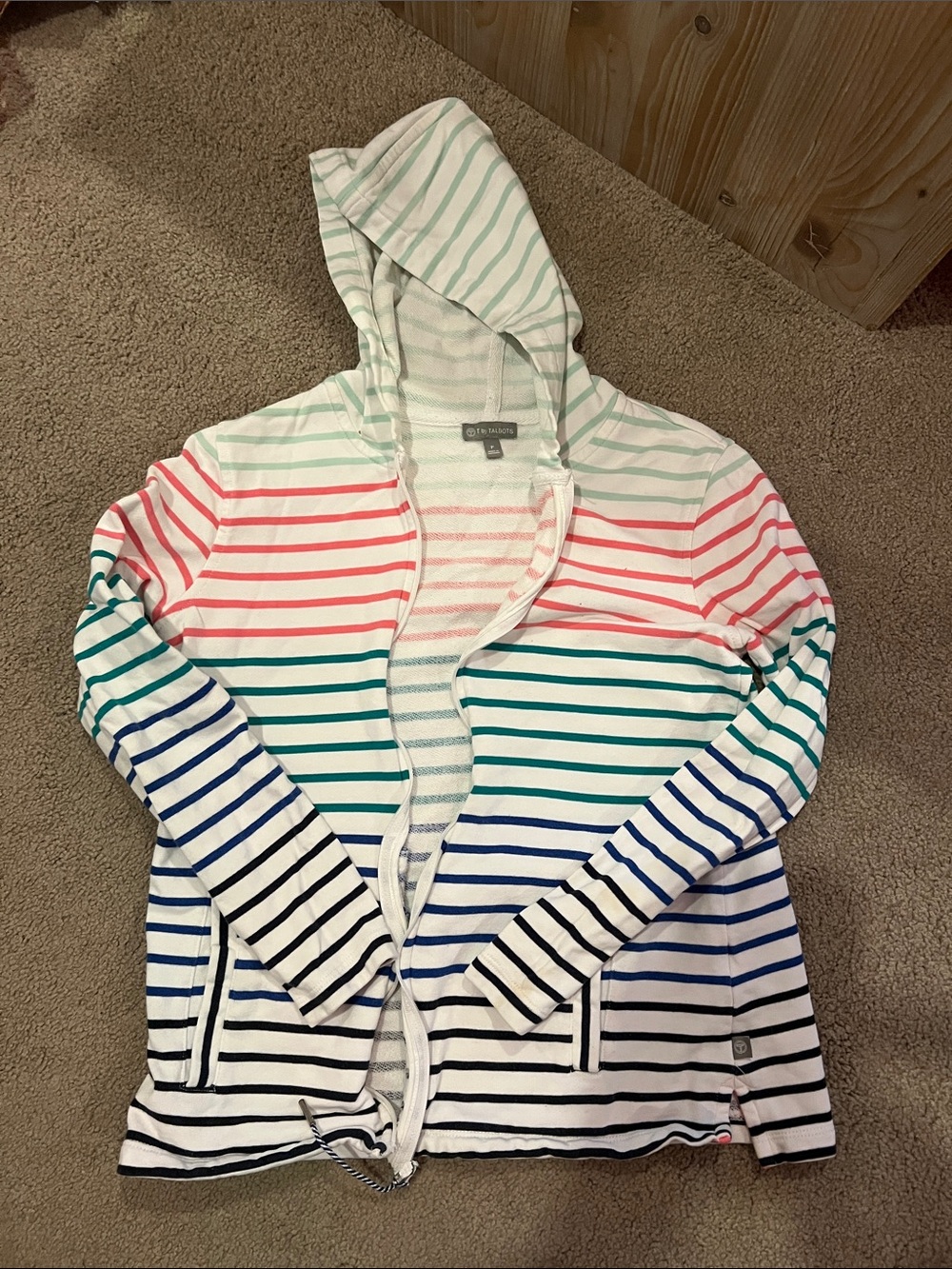 T by Talbots White Hooded Zip Cardigan with Mint & Coral Stripes